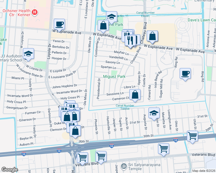 map of restaurants, bars, coffee shops, grocery stores, and more near 3265 Glen Eagle Lane in Kenner