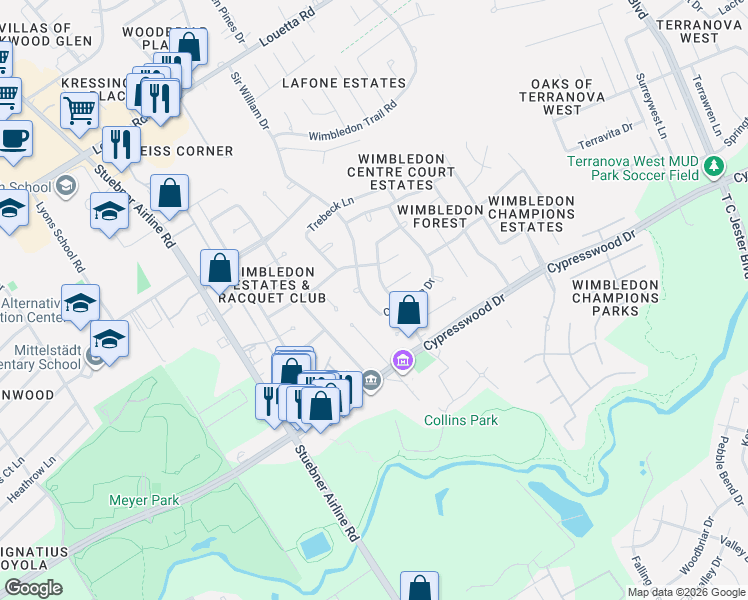 map of restaurants, bars, coffee shops, grocery stores, and more near 6711 Campden Drive in Spring