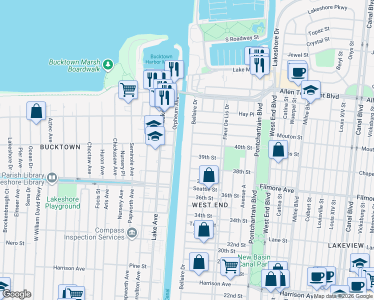 map of restaurants, bars, coffee shops, grocery stores, and more near in New Orleans
