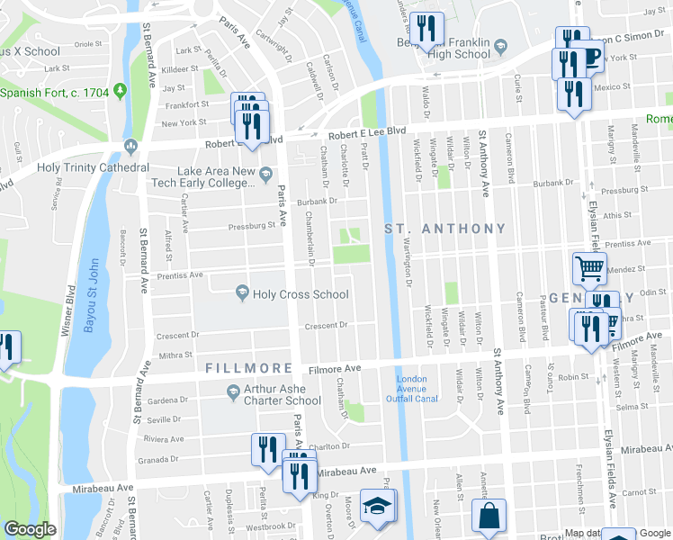 map of restaurants, bars, coffee shops, grocery stores, and more near 1701 Mendez Street in New Orleans