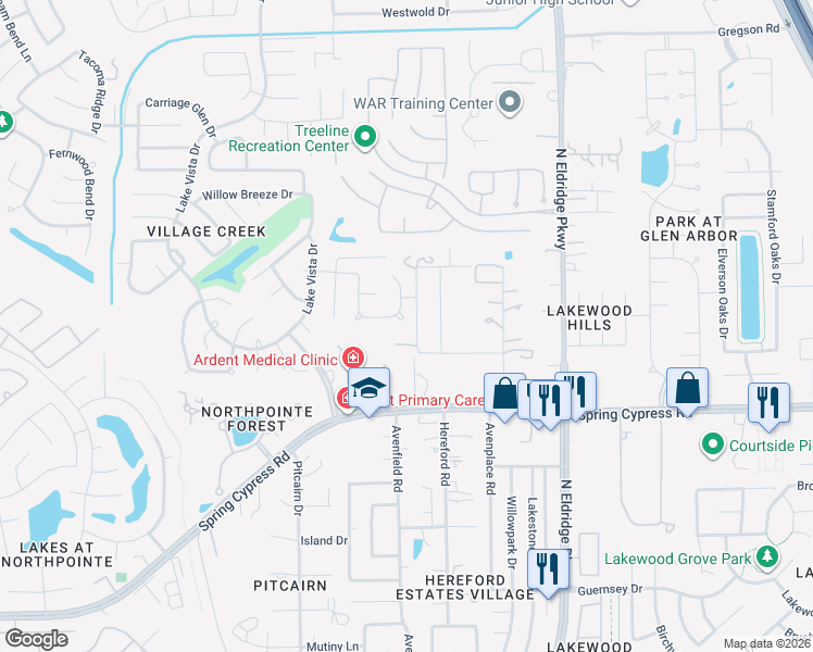map of restaurants, bars, coffee shops, grocery stores, and more near 12403 Pedder Way Drive in Tomball