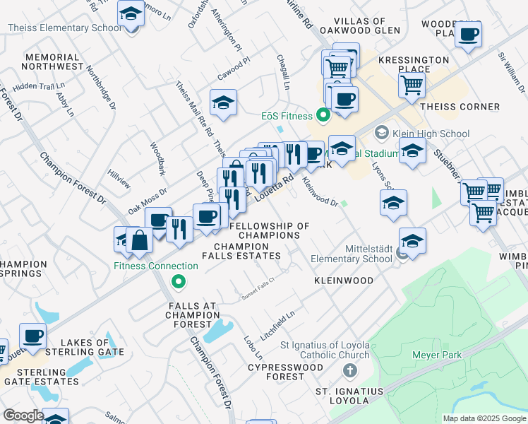 map of restaurants, bars, coffee shops, grocery stores, and more near 7805 Louetta Road in Spring