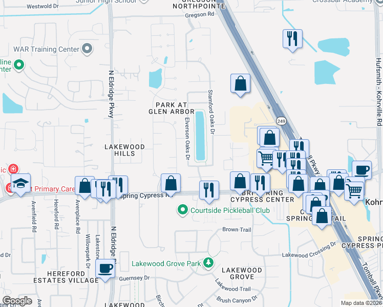 map of restaurants, bars, coffee shops, grocery stores, and more near 17210 Elverson Oaks Drive in Tomball