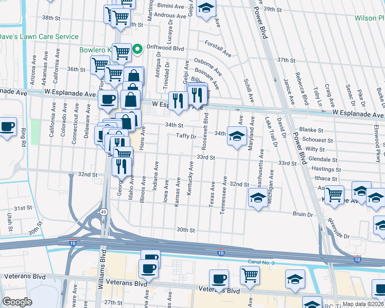 map of restaurants, bars, coffee shops, grocery stores, and more near 3236 Kentucky Avenue in Kenner