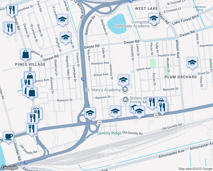 map of restaurants, bars, coffee shops, grocery stores, and more near 4434 Dale Street in New Orleans