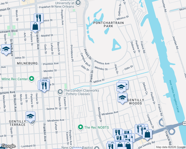 map of restaurants, bars, coffee shops, grocery stores, and more near 4225 Mithra Street in New Orleans