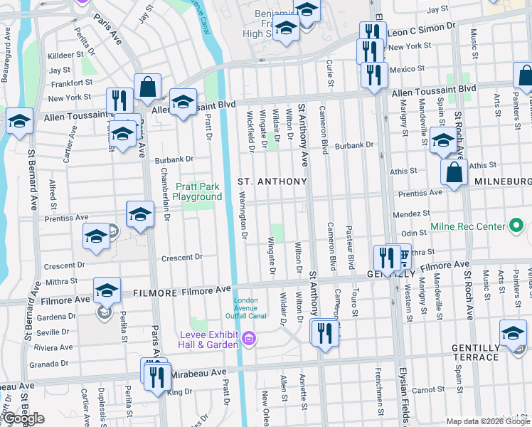 map of restaurants, bars, coffee shops, grocery stores, and more near 5513 Wingate Drive in New Orleans