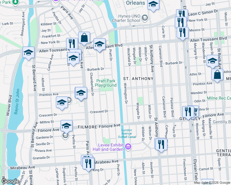 map of restaurants, bars, coffee shops, grocery stores, and more near 5601 Pratt Drive in New Orleans