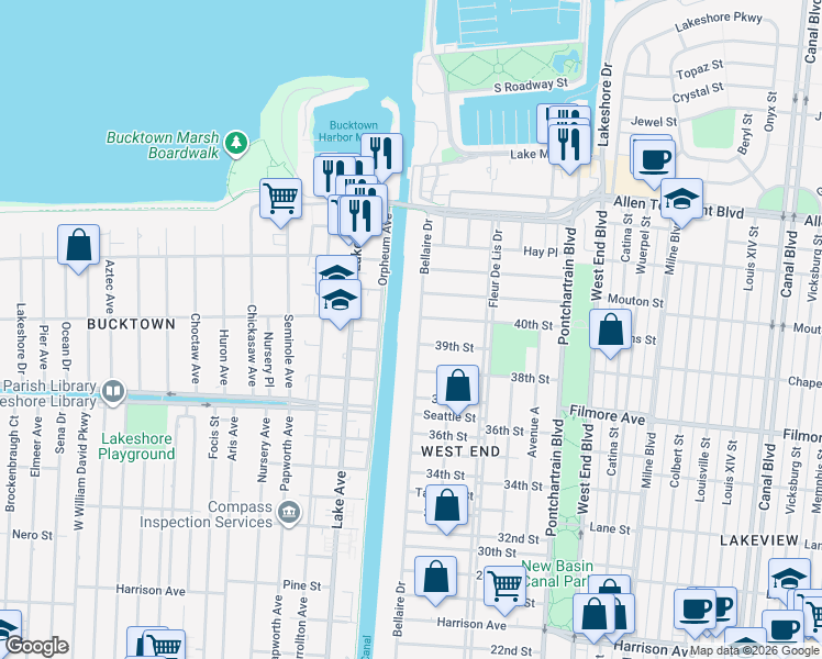 map of restaurants, bars, coffee shops, grocery stores, and more near in New Orleans