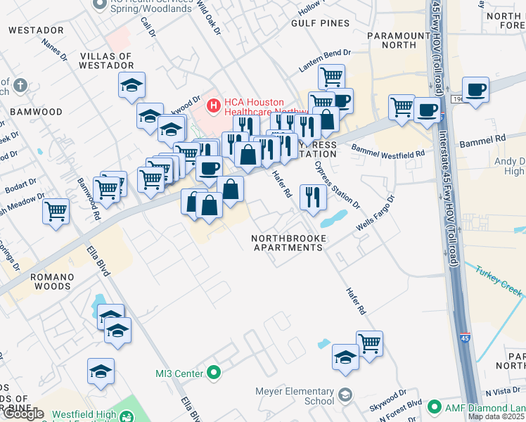 map of restaurants, bars, coffee shops, grocery stores, and more near 17217 Hafer Road in Houston
