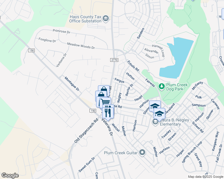 map of restaurants, bars, coffee shops, grocery stores, and more near 165a Michaelis Road in Kyle