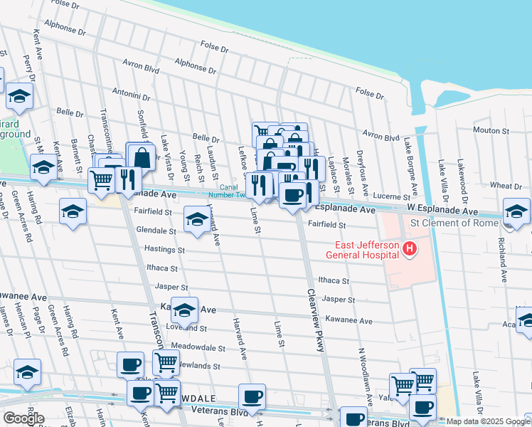 map of restaurants, bars, coffee shops, grocery stores, and more near 4212 Lime Street in Metairie