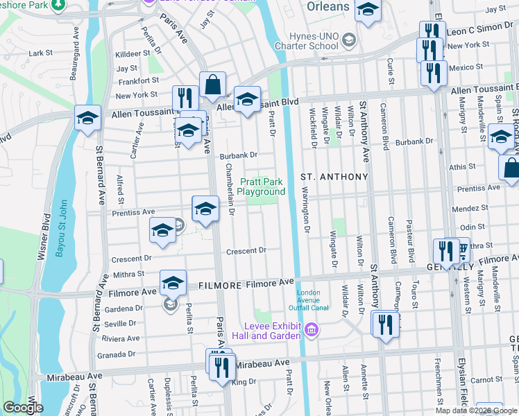 map of restaurants, bars, coffee shops, grocery stores, and more near 5611 Charlotte Drive in New Orleans