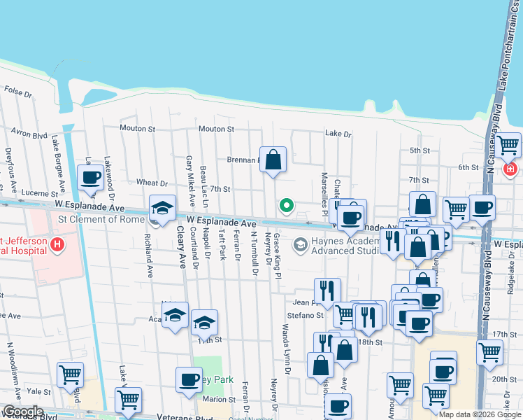 map of restaurants, bars, coffee shops, grocery stores, and more near 4500 Carthage Street in Metairie