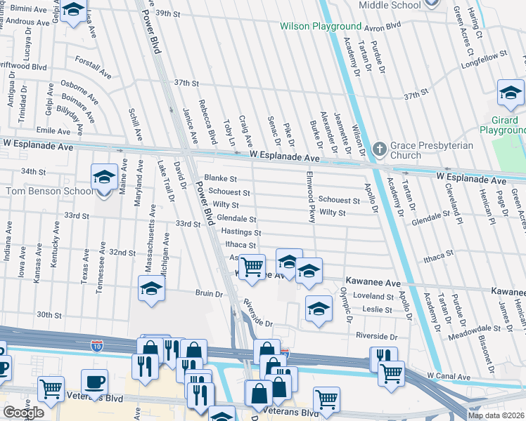 map of restaurants, bars, coffee shops, grocery stores, and more near 6904 Wilty Street in Metairie