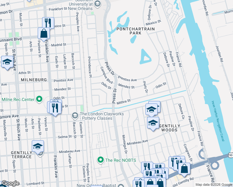 map of restaurants, bars, coffee shops, grocery stores, and more near 4225 Mithra Street in New Orleans