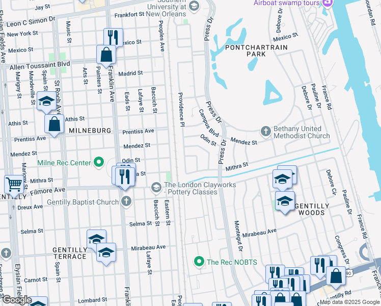 map of restaurants, bars, coffee shops, grocery stores, and more near 5523 Seminary Place in New Orleans