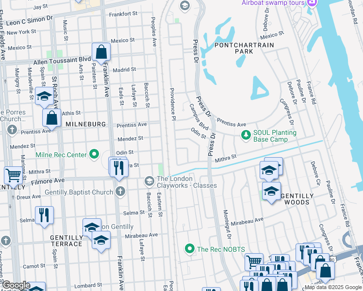 map of restaurants, bars, coffee shops, grocery stores, and more near 5523 Seminary Place in New Orleans