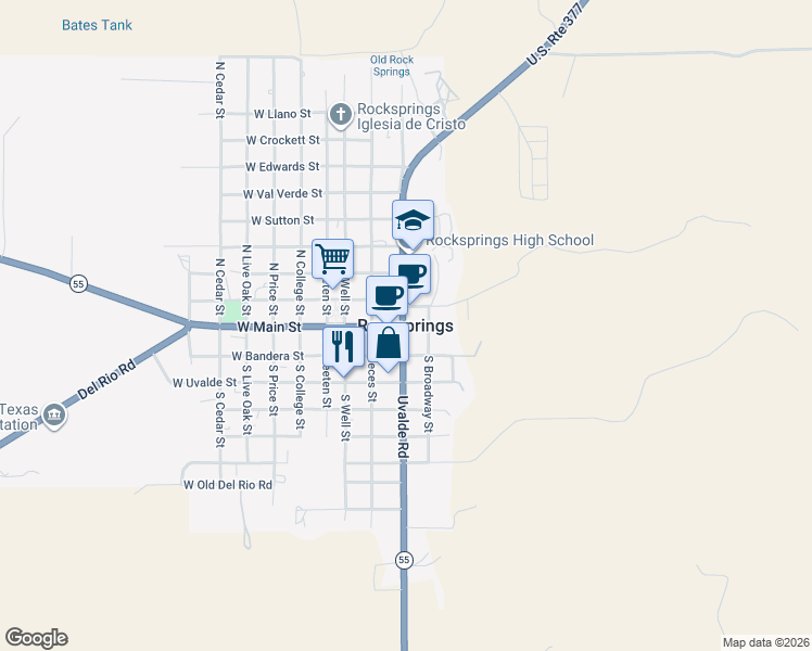 map of restaurants, bars, coffee shops, grocery stores, and more near in Rocksprings