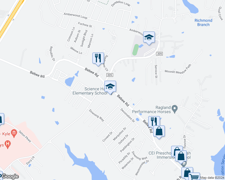map of restaurants, bars, coffee shops, grocery stores, and more near 1943 Bebee Road in Kyle