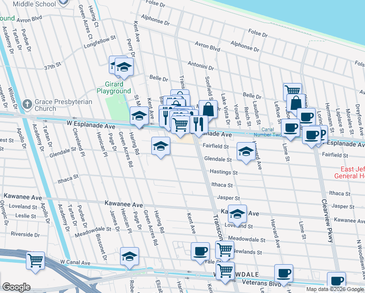 map of restaurants, bars, coffee shops, grocery stores, and more near 5024 West Esplanade Avenue in Metairie