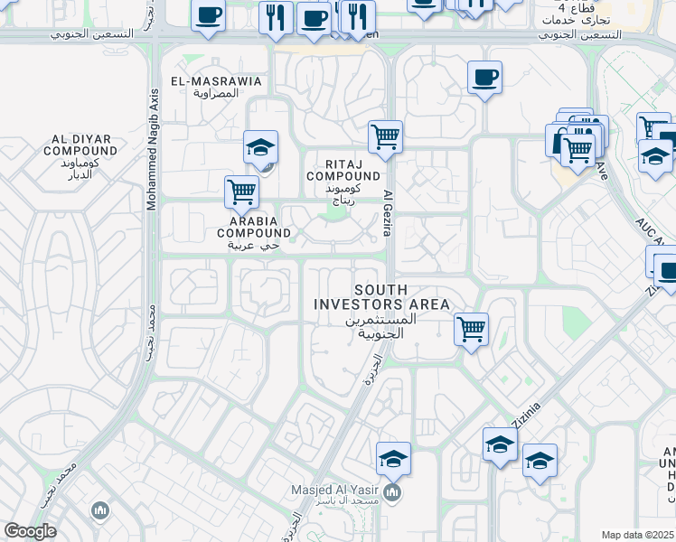 map of restaurants, bars, coffee shops, grocery stores, and more near in New Cairo 1