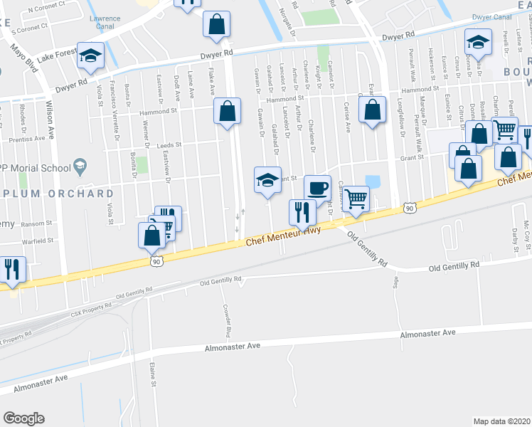 map of restaurants, bars, coffee shops, grocery stores, and more near 4500 Gawain Drive in New Orleans