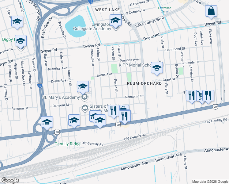 map of restaurants, bars, coffee shops, grocery stores, and more near 4665 Pecan Street in New Orleans