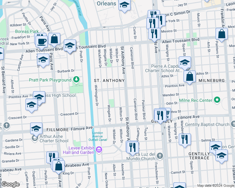 map of restaurants, bars, coffee shops, grocery stores, and more near 1944 Prentiss Avenue in New Orleans