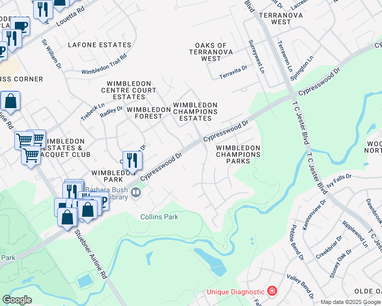 map of restaurants, bars, coffee shops, grocery stores, and more near 6319 Cypresswood Drive in Spring