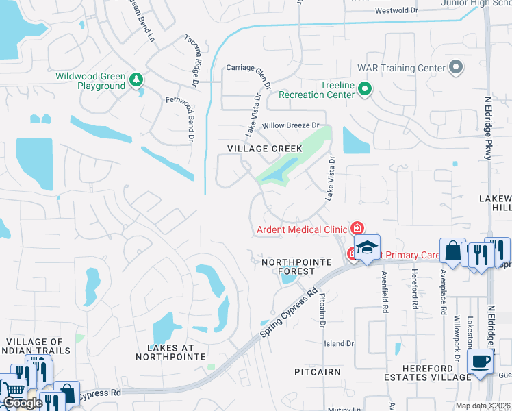 map of restaurants, bars, coffee shops, grocery stores, and more near 12719 Eagle Ledge Lane in Tomball