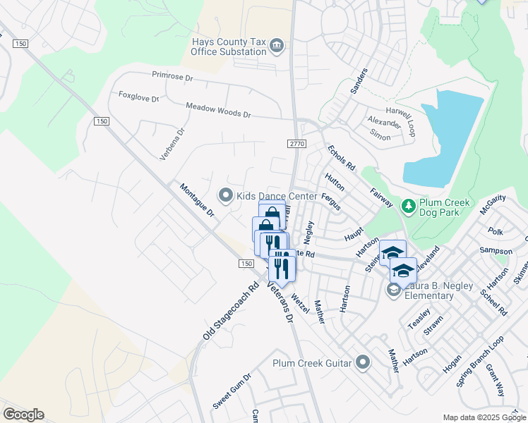 map of restaurants, bars, coffee shops, grocery stores, and more near 101 Princess Jennifer in Kyle