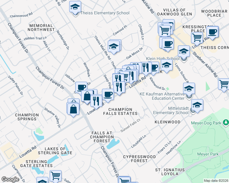 map of restaurants, bars, coffee shops, grocery stores, and more near 8002 Lichen Lane in Spring