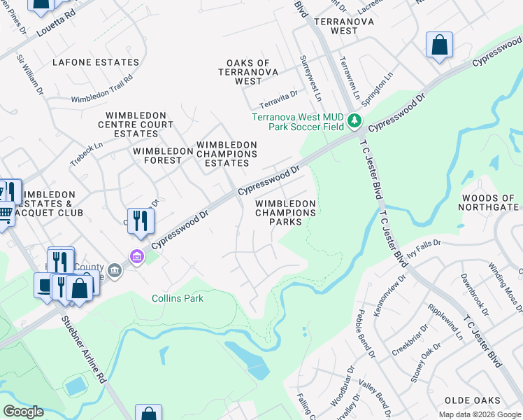 map of restaurants, bars, coffee shops, grocery stores, and more near 6315 Sampras Ace Court in Spring