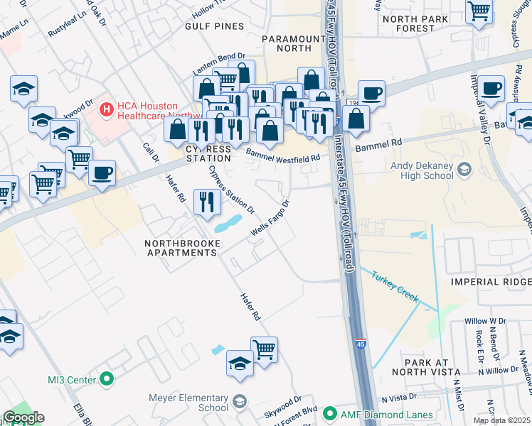 map of restaurants, bars, coffee shops, grocery stores, and more near 1801 Cypress Station Drive in Houston