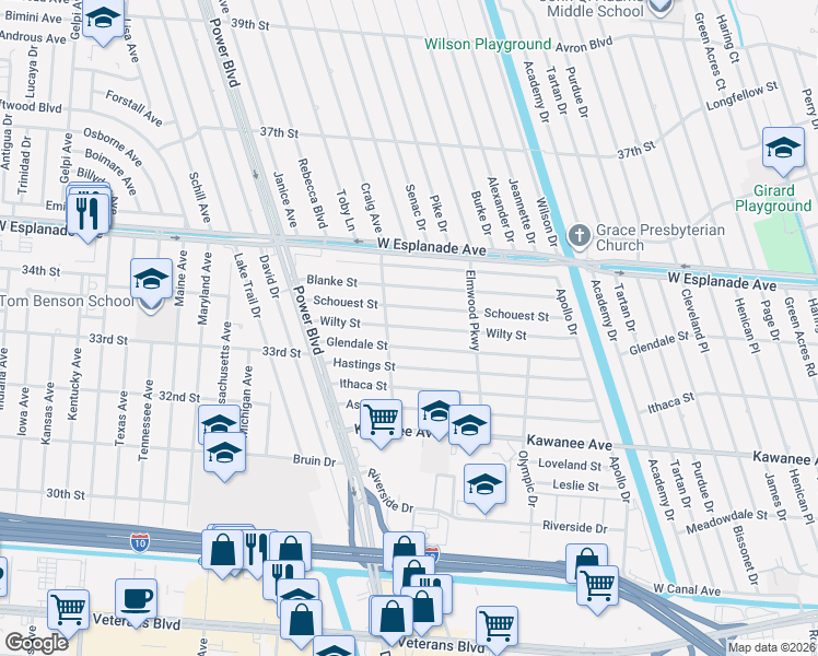 map of restaurants, bars, coffee shops, grocery stores, and more near 6904 Wilty St in Metairie