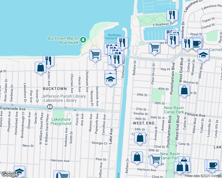 map of restaurants, bars, coffee shops, grocery stores, and more near 1564 Lake Avenue in Metairie