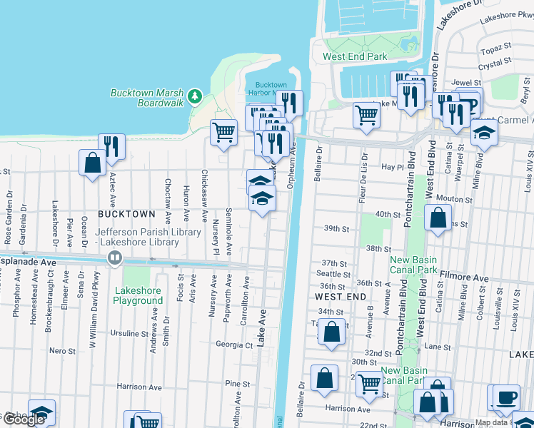 map of restaurants, bars, coffee shops, grocery stores, and more near 1564 Lake Avenue in Metairie