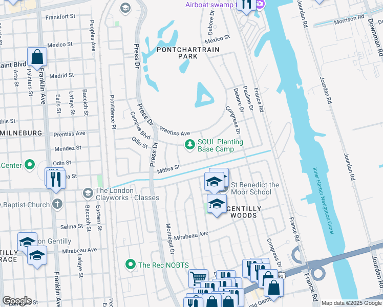map of restaurants, bars, coffee shops, grocery stores, and more near 5500 Piety Drive in New Orleans