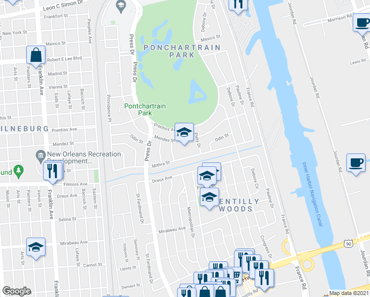 map of restaurants, bars, coffee shops, grocery stores, and more near 5500 Piety Drive in New Orleans