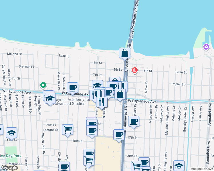 map of restaurants, bars, coffee shops, grocery stores, and more near 3719 North Hullen Street in Metairie