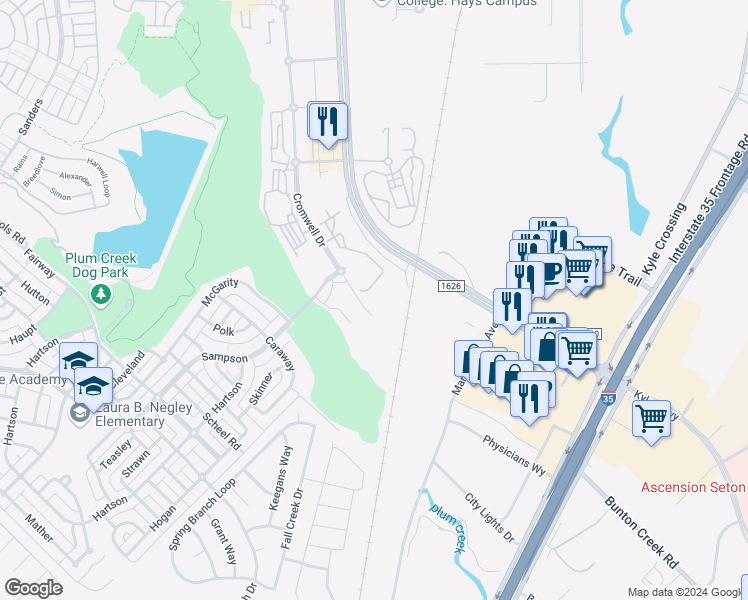 map of restaurants, bars, coffee shops, grocery stores, and more near 5141 Cromwell Drive in Kyle