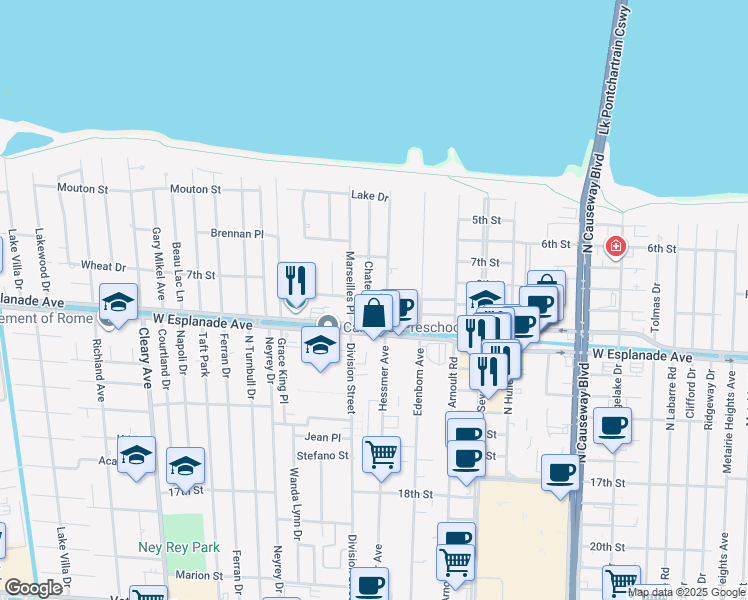 map of restaurants, bars, coffee shops, grocery stores, and more near 4532 Hessmer Avenue in Metairie