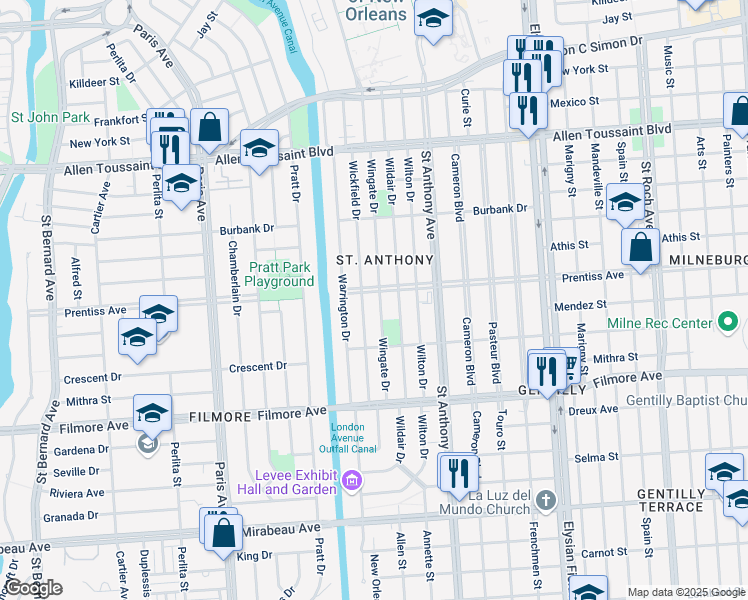 map of restaurants, bars, coffee shops, grocery stores, and more near 5701 Wingate Drive in New Orleans
