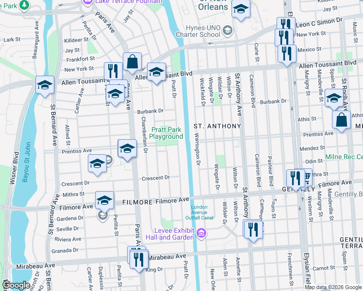 map of restaurants, bars, coffee shops, grocery stores, and more near 5711 Pratt Drive in New Orleans