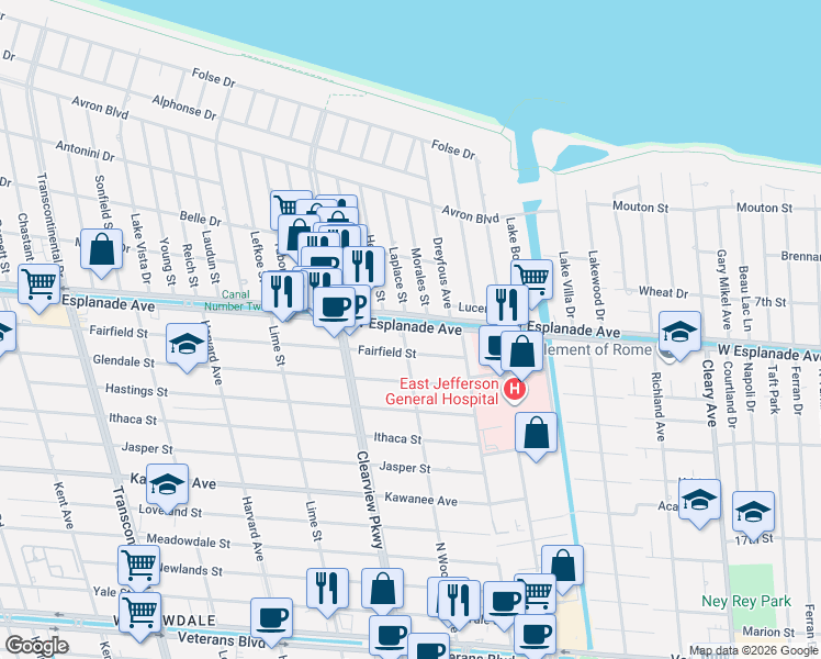 map of restaurants, bars, coffee shops, grocery stores, and more near 4401 Morales Street in Metairie