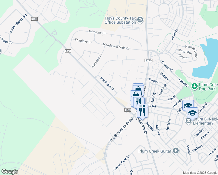 map of restaurants, bars, coffee shops, grocery stores, and more near 107 Montague Drive in Kyle