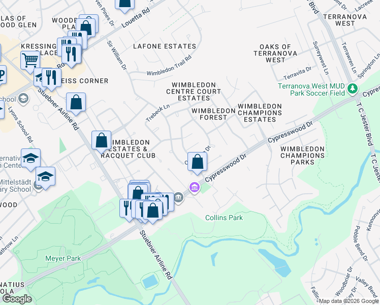 map of restaurants, bars, coffee shops, grocery stores, and more near 6622 Ampton Drive in Spring