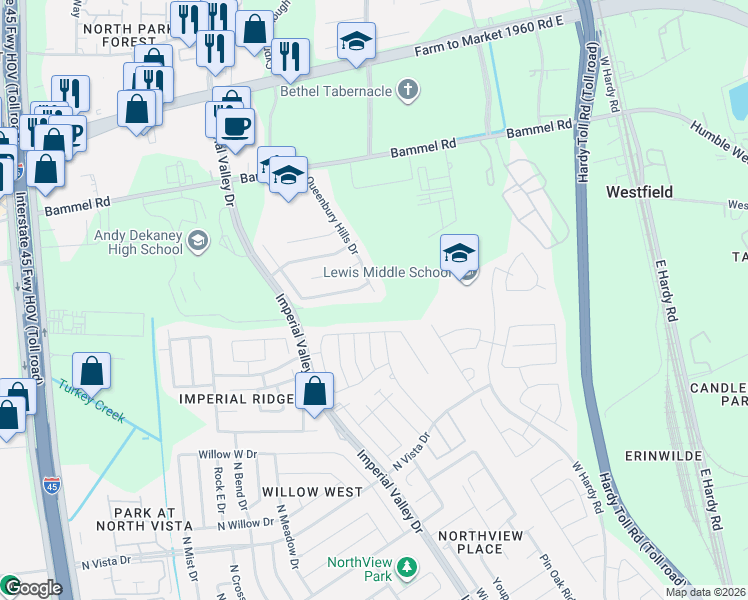 map of restaurants, bars, coffee shops, grocery stores, and more near 22207 Queenbury Hills Drive in Houston
