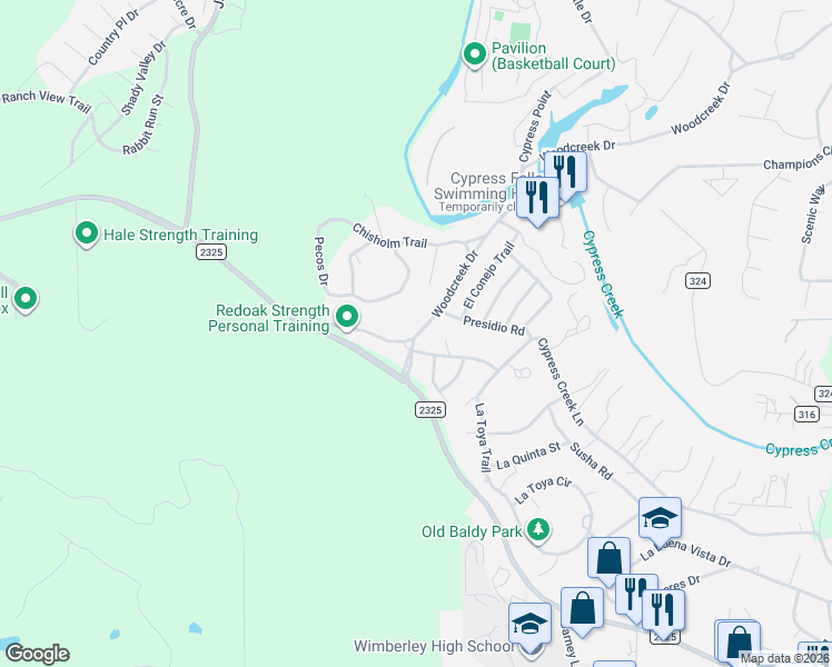 map of restaurants, bars, coffee shops, grocery stores, and more near 234 Woodcreek Drive in Wimberley